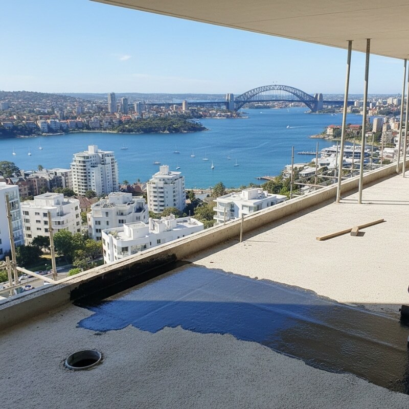 Apartment balcony membrane installation in Sydney showing waterproofing preparation and drainage detailing