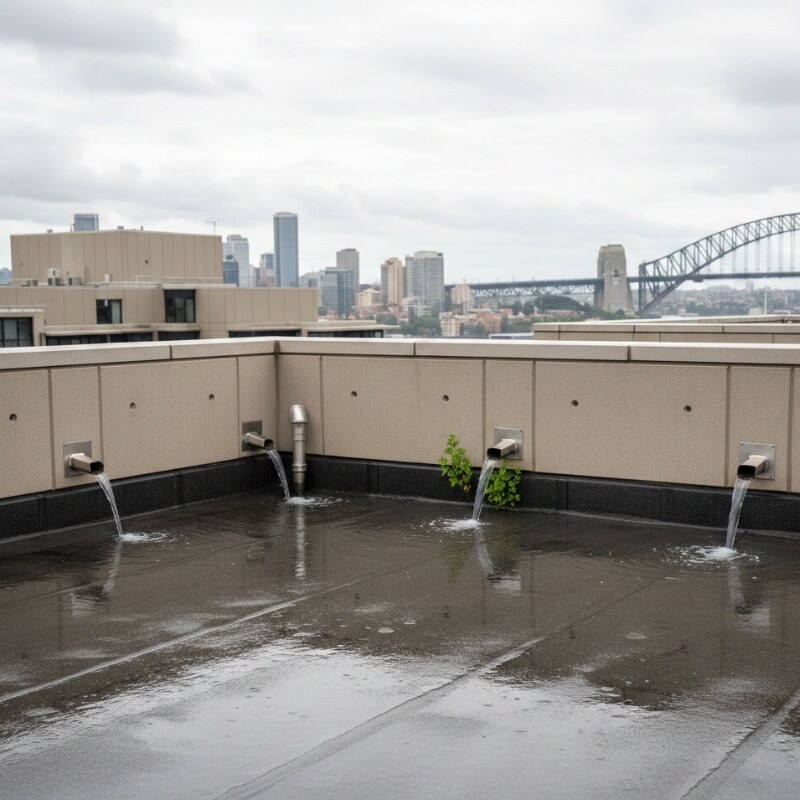 Flat roof waterproofing system with drainage outlets on a Sydney building