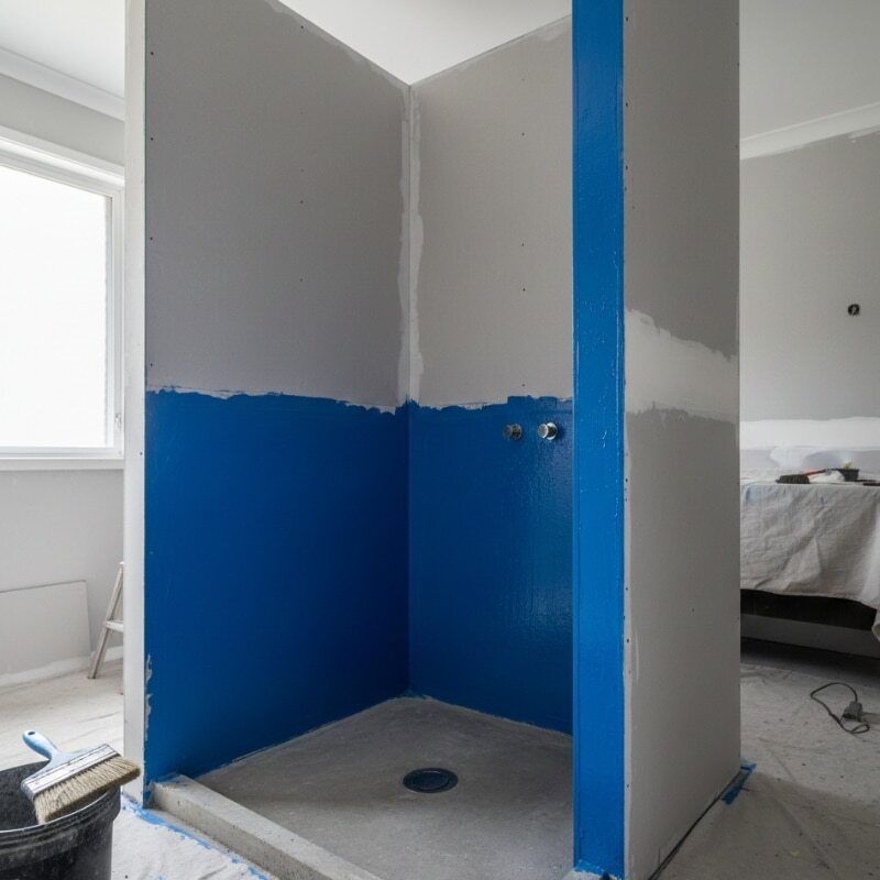 Bathroom waterproofing membrane applied before tiling in a Sydney renovation with detailed corners and floor waste.