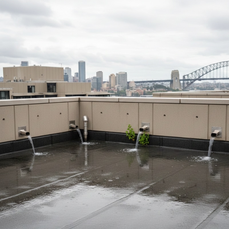Flat roof waterproofing system with drainage outlets on a Sydney building