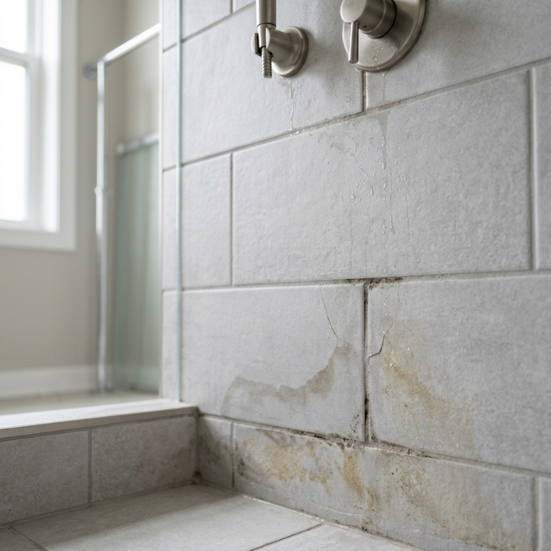 Early signs of hidden moisture spreading behind bathroom tiles before visible damage appears