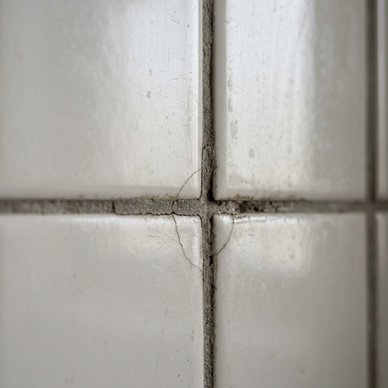 Close-up of bathroom shower tiles showing hairline cracks in grout between ceramic tiles with slight moisture staining.