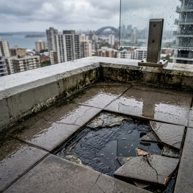 Damaged Sydney apartment balcony showing cracked tiles and water pooling beside exposed membrane during rain, illustrating waterproofing failure and repair comparison context.