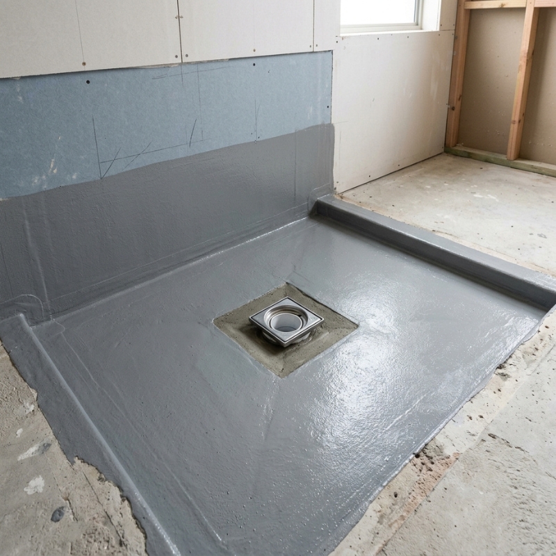 Waterproofing membrane applied to a bathroom shower floor and walls