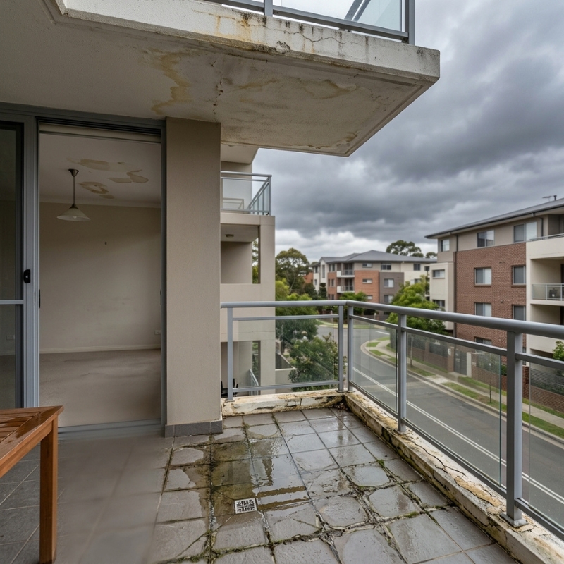 Water stains on the ceiling below a leaking apartment balcony